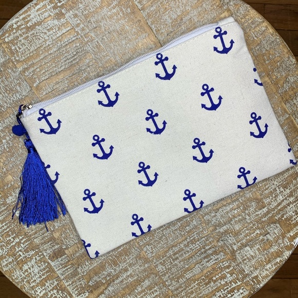 Cream and Blue Pompom Anchor Print Makeup Bag - Picture 6 of 7
